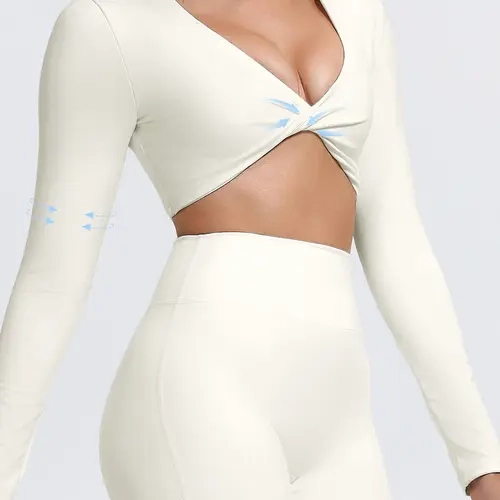 Women's Fall Winter Twist Fitted Yoga Long Sleeve Top, Sexy Fashion Fitness Shirt, Detachable Pads, Short Length, Polyester Spandex Blend, Athletic Yoga Tops, Sportswear Top, Fitness Clothes Tops, Activewear Fitness Workout, Fitted Design Activewear