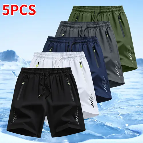 Men's 5pcs Quick-Dry Active Casual Fitness Shorts - Lightweight Athleisure, Breathable, Fitted Outdoor-Ready Fit, Zip Pockets, Elastic Drawstring, Ideal for Outdoor Activities, Beach Wear