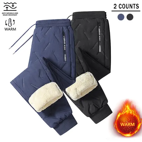 Men's Minimalist Plain 2-Piece Fleece-Lined Thermal Sports Clothing Set - Fitted Mid-Waist Polyester Casual Pants, Stretch Waistband, Cold Weather Menswear Bottoms