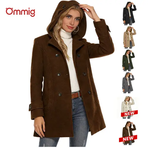 Ommig Women's Elegant Solid Long Sleeve Double-Breasted Wool Hooded Pea Coat - Chic Vintage Jacket, Polyester Blend, Above-Knee, 2-Pocket Carry, Button Closure Outerwear for Autumn Winter