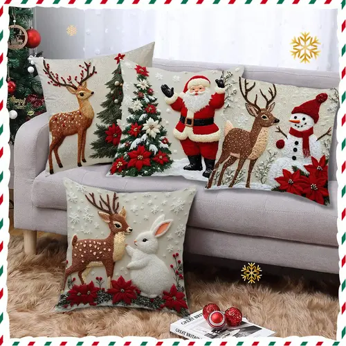 Neutral Square Christmas Pillow Set (Pack of 4) - Santa + Rabbit Combination, Reindeer Pattern, Christmas Style Home Goods, House Decoration, Living Room Soft Decoration, Holiday Party Supplies