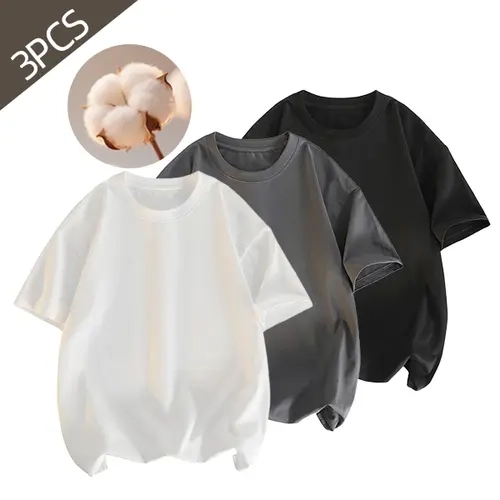 3pcs Men's Street Fashion  T-Shirt Set Soft Comfortable Loose Fit Half Sleeved Round Neck Summer Casual Daily Wear in Black Gray & Navy Menswear Top
