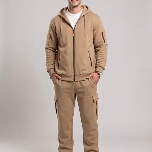 KZZ Men's 2-Piece Fleece-Lined Hoodie Sweatpants Set - Mens Activewear Sportswear Athletic Casual Sporty Set, Long Sleeve Hooded Top for Warmth, Loose Plain Multi-Pocket Embroidered Drawstring Ankle Cuffs Pants, Black, M