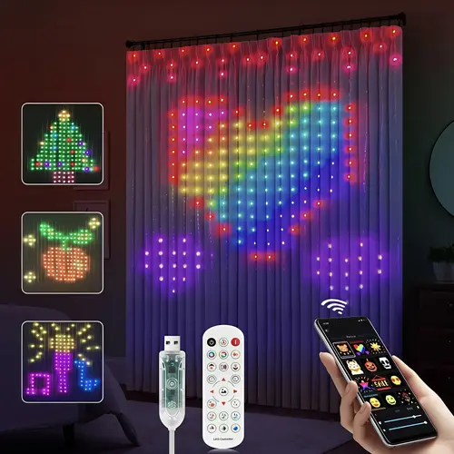 Smart RGB LED Curtain Lights - DIY Custom Pattern Display, App & Remote Controlled String Lights, Adjustable Brightness, Colorful Animated Lighting for Halloween, Christmas, Bedroom, Party & Home Decor