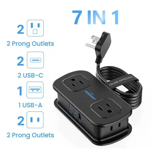 POWSAF 4 Ft Travel Power Strip Sockets - 4 Outlets, 3 USB Ports (2 USB C) Fast Charger, No-Surge Extension with Cord Wrap & Strap, Cruise Essentials for Hotel & Travel Use, Usb Ports Socket, Usb Multi Plug