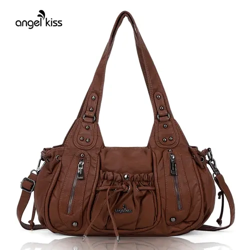 Angel Kiss Women's Hobo Crossbody Bag - Soft Leather, Multi-Pocket, Multi-Functional, Casual, Zip Closure, Adjustable Detachable Strap, Autumn/Winter Brown, Do Not Wash