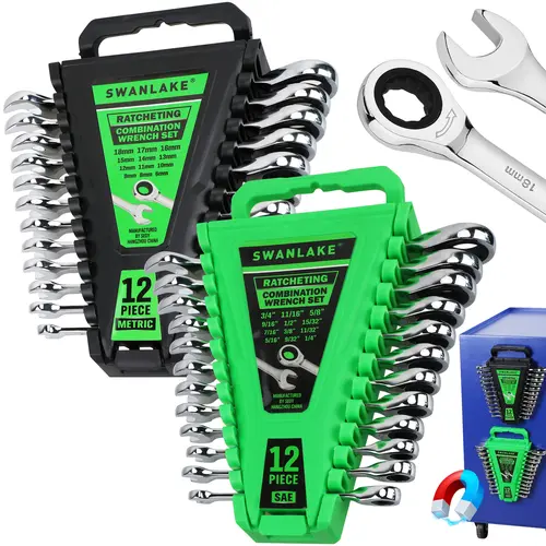 SWANLAKE 24pc-Metric&Sae Ratcheting Wrench Set - Metric (6-18mm) & SAE (1/4"-3/4") Tools, 12-Point 72-Tooth Ratchets, Thin Heads, Long Handle, Magnetic Base Organizer, Chrome Vanadium Steel, Great for Auto Mechanics, Bike Repairs