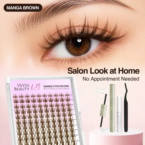 VEYESBEAUTY Black/Brown Manga Lashes Cluster Kit, Invisible Spiked Fluffy Layered Cosmetic Eyelash Extensions, DIY Eyelashes Kit for Salon & Daily Makeup