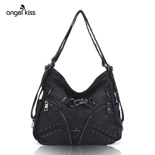 Angel Kiss Women's Black Leather Satchel Handbag - Lightweight Everyday Purse with Zipper, Multi-Pocket Soft Tote, Detachable Strap for Switch Carry Modes & 2-Way Strap Use (TikTok Shop Back to School)