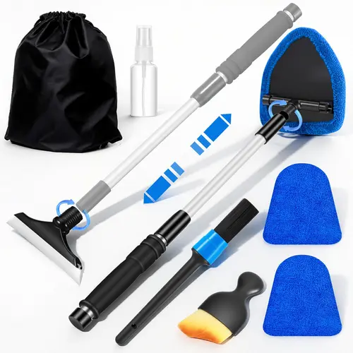 Blue Car Windshield Cleaner Tool with Extendable Handle, 180° Rotating Triangular Head, 3 Reusable Microfiber Pads, Multitask Brushes, Organized Carry Bag - Streak-Free Wipe, Gift-Ready Kit Auto Accessory for Thanksgiving, Mother’s Day, Friends and Family