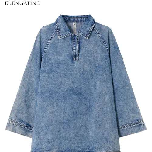 Elengatine Women's Collared Neck Street-Chic Denim Dress, Vintage Washed Blue, Half-Zip, Long Sleeve, Loose Fit, 1 Chest Pocket, Cotton Polyester, Cold Wash, All Seasons, Chic, Casual Outings