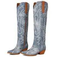 Women's Point-Toe Embroidered Western Cowboy Chunky Heels Boots Knee High Vintage Style Pointed Toe Cowgirl Boots with Intricate Pattern Side Zipper Boots for Casual Festival Daily Wear Fashionable Durable Footwear fall shoe shopping summerwins,summerwins