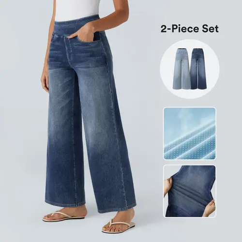 Halara 2-Piece Flex High Waisted Pockets Baggy Wide Leg Washed Casual Jeans set