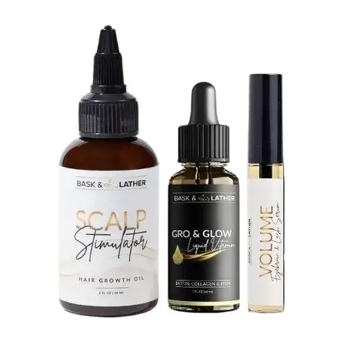 Healthy Hair, Skin & Eyelash Growth Trio- For All Hair Types- Gro & Glow Liquid Vitamins, Scalp Stimulator, Volume Eyebrow & Eyelash Serum,