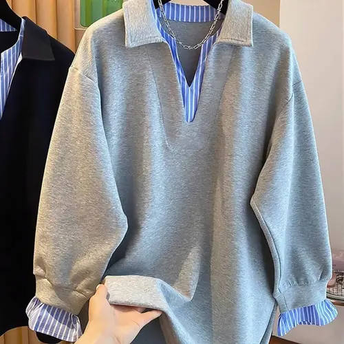 Women's Fall New Colorblock Striped Dual Layer V-Neck Fake Two-Piece Long Sleeve Oversized Loose Baggy Casual Simple Basic Fashion Pullover Sweatshirt, Womenswear, Everyday Tops, Casual Sweatshirts