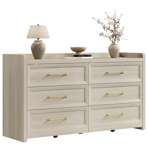 SICOTAS Extra-Wide Wood Cabinet Chest - 6-Drawer 56.4" Closet Dresser, Deep Storage, Reinforced Back, Integrated Legs, TV-Ready Top, Farmhouse Furniture for Bedroom, Nursery, Home Decor