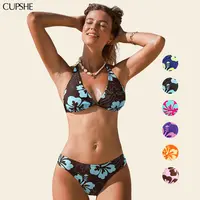 CUPSHE Women's Lime Blossom V-Neck Halter 2-Piece Bikini Set - Soft Cup Support, Low-Rise Cheeky Bottom, Retro Floral Cottage-Core Swimsuit for Women #DealsForYouDays, Two Piece Set