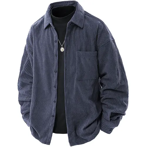 Men's Stylish Fitted Heavy Corduroy Long-Sleeve Shirt - Striped/Solid, Button-Front, Pockets, Workwear, Autumn Winter Top, Male Clothing (Beige, Green, Navy Blue, Dark Grey Plain Options, Jacket-Inspired Design)