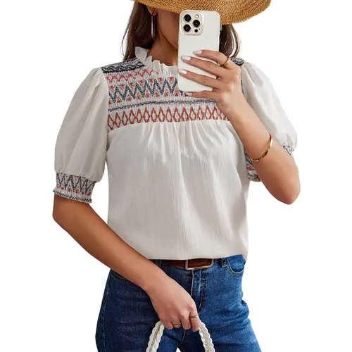 Dokotoo Summer Tops for Women Casual Crewneck Puff Short Sleeve Boho Pleated Shirts Embroidered Blouses Tunic