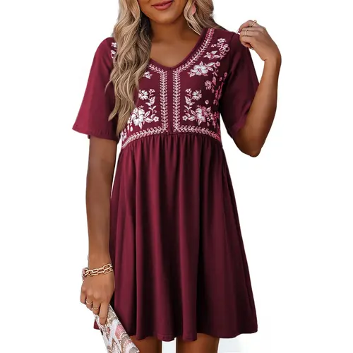 Dokotoo Womens Dresses Summer Casual V Neck Boho Floral Short Sleeve Babydoll Mini Dress A Line Beach Vacation Clothes