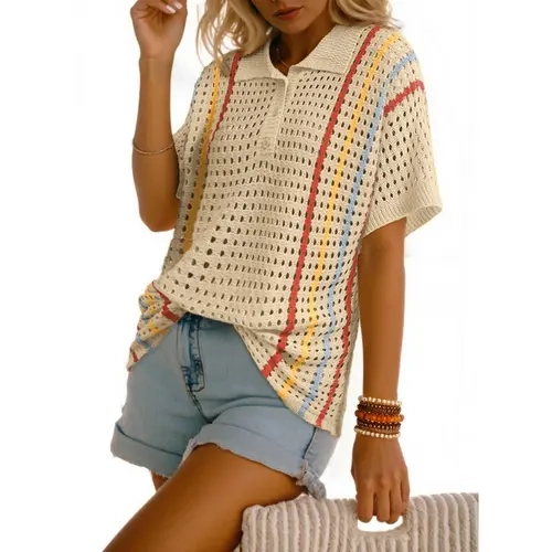 Dokotoo Summer Sweaters for Women 2026 Casual Button Up Polo Collar Short Sleeve Striped Boho Tops Crochet Knit Shirts