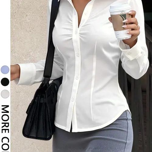 Women's Simple Casual Fashion Elegant Versatile Office Slim Fit Button Shirt, Plain Pattern, Unlined, Batch Number 20260901