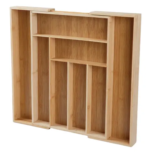 Natural Bamboo Expandable Drawer Cutlery Organizer - Multilayer Adjustable Tray with Dividers, Compact Storage Organizer, Natural Finish, Space-Saving Kitchen Home Accessory
