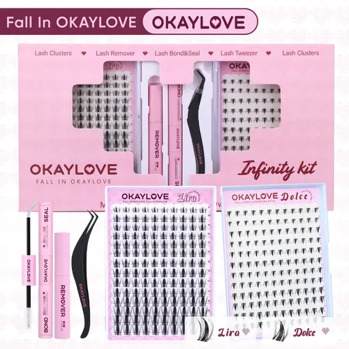 OKAYLOVE Synthetic Fiber Eyelash Cluster Kit - Lightweight CC & D Curl Upper & Bottom Cosmetic Manga Dramatic Lashes, Makeup Adhesive, DIY Beauty Set (Lira|Dolce)