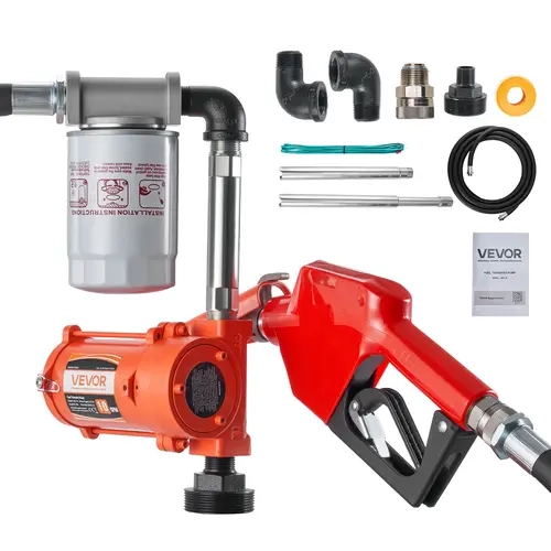 VEVOR 12V DC 10 GPM Portable Cast Iron Fuel Transfer Full Kit with Auto Shut-Off Nozzle, 13 ft Discharge Hose, Thermal Safety Overheat Guard, Suction Function, Explosionproof Use, Power Cable, Outlet, Pipe for Gasoline Kerosene
