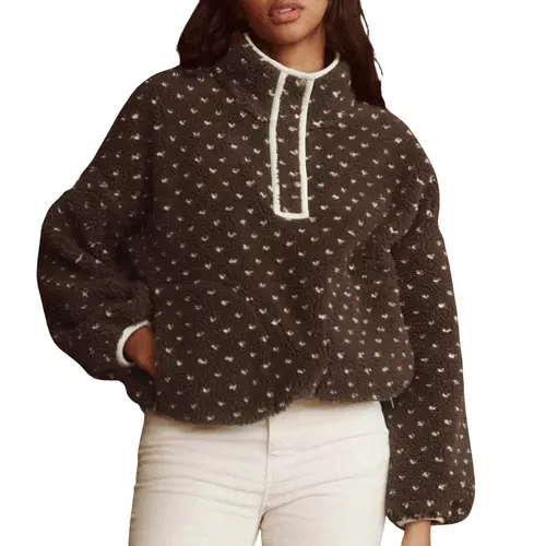 Hixiaohe Women's High-Neck Cropped Fluffy Sherpa Fleece Hoodie - Chic Fabric Jacket with Pockets, Metal Buttons, Heart Check Design, Easy Layering for School, Party, Work Winter Outerwear