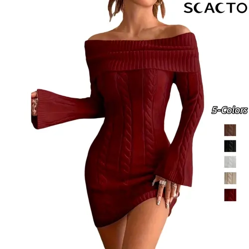 Scacto Women's Chic Polyester Off-Shoulder Long-Sleeve Bodycon Dress - Solid, Textured, Elegant Casual Dress with Off-Shoulder Drama for Autumn-Winter Dates, Party, Birthday (Women's Underwear Option Included)