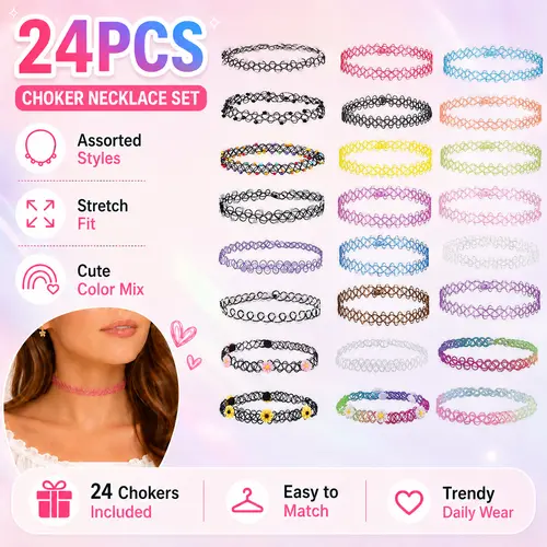 Women's 24pcs Classic Short Velvet Ribbon Choker Necklaces Bundle - Rainbow Multi-Color, Assorted Shapes, Casual Fit, Wedding-Day Picks, Party-Ready Vintage, Necklace for Mom, Costume Jewelry Accessories
