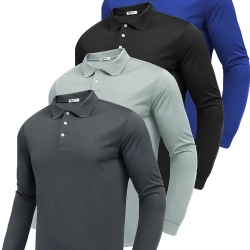 PINSPARK Men's 4-Piece Long-Sleeve 3-Button Placket Polo Shirt Set - Moisture-Wicking, UV-Protective, Quick-Dry, Durable, Easy-On Men's Clothing - Athletic Fashion Activewear, Dry Fit Shirts, Breathable Sports Wear, Golf Sports Wear for Golf, Hiking