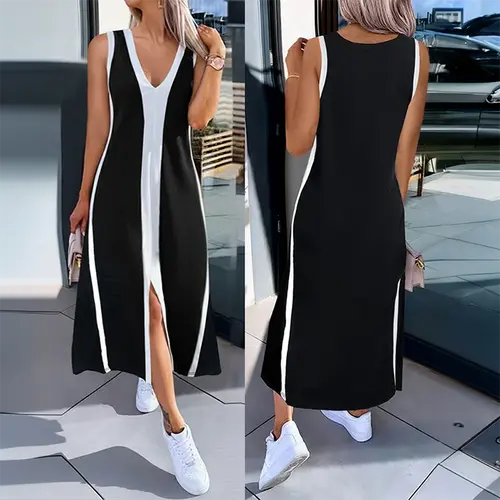 CHICME Women's Striped Sleeveless Plunge Neck A-Line Midi Dress, Casual Loose Fit with Slit Detail, Casual Wear for Everyday Style