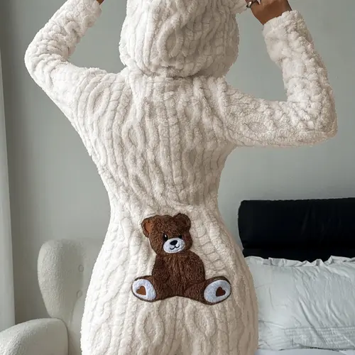 Women's Cute Teddy Bear Embroidered Hooded Fleece Sweatshirt, Comfortable Casual Fashion Design, Perfect Gift for Her, Daily Wear