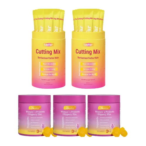 LEEFAR Signature Bundle: Women's Probiotics+Slippery Elm Pineapple Gummies*3 Bottles & Cutting Drink Mix*2 Jars