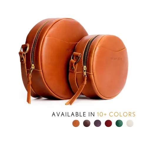 Portland Leather Circle Crossbody - Unique Shape Carry - Leather Round Bag, Adjustable Strap, Compact Storage