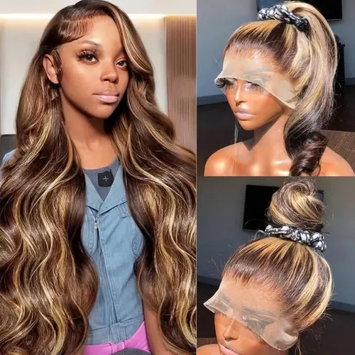 Honey Blonde Ombre Lace Front Wig Human Hair 4/27 Highlight Body Wave Lace Front Wigs Human Hair Pre Plucked 200 Density 13X6 HD Lace Frontal Wig for Women 4/27 Colored Human Hair Wig 20-34 Inch