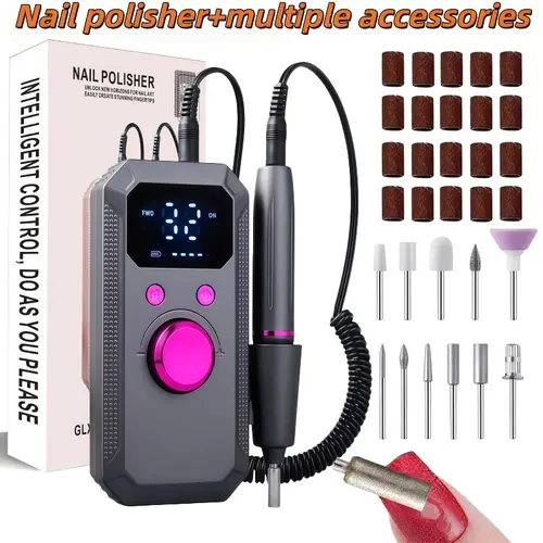 Wireless Electric Nail Drill File, Professional Manicure Tool, Multiple Grinding Heads, LED Display, 32 Speed Settings, Portable Gift, Cordless Rechargeable Nail Drill