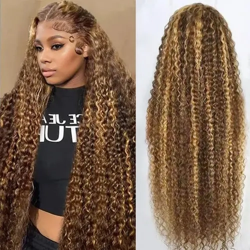 220% Density Ombre Deep Wave Curly Lace Front Wigs Human Hair Pre Plucked 13x6 Highlight Honey Blonde Deep Curly Wig Human Hair 4/27 Colored Glueless HD Lace Frontal Wigs for Women