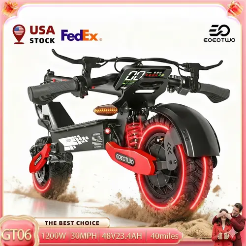 【 EOEOTWO&GT06】Electric scooter with a range of 40 miles, equipped with a 1200 W motor, top speed of 30 miles per hour, 11-inch all-terrain tires, front and rear shock absorbers, an LED display screen, and a foldable design.