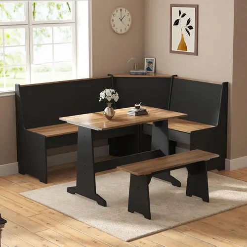 [Ships in 2 Boxes] AMERLIFE 3-Piece Breakfast Nook Dining Set, L-Shaped Corner Bench with Hidden Storage, Space-Saving Kitchen Table Set for Small Spaces, Black & Oak[TikTokShopFallDealsForYou]