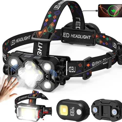 MoKo 3-in-1 USB Rechargeable Adjustable High Powered LED Multitool Headlamp - 2500 Lumens, 9-LED, 13 Modes, 3 Color Temps, IP44 Lightweight Waterproof, Digital Display, Camping Running Accessory (Black, Portable), High Powered Flashlight, Led Flashlight M