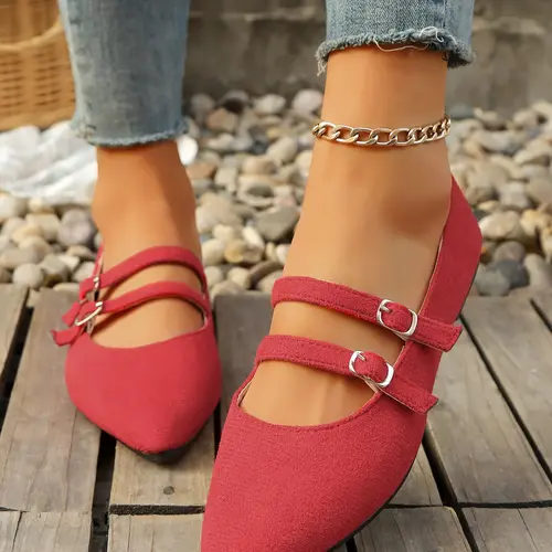 Women's Pointed Toe Mary Jane Style Shoes, Flat Buckle Low Heel Single Shoe, Vintage Commuter Versatile Women's Shoes, Dual Strap Loafers, Stylish, Footwear, Pointy Shoes