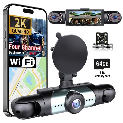 BCUOZ 4-Channel Car Dashcam with Free 64GB SD Card, Automotive Driving Recorder for Car Owners, Plug-&-Play ABS Build, WiFi & App Control, Night Vision, 24-Hour Parking Mode, G-Sensor, Loop Recording, Smart Driving Tech