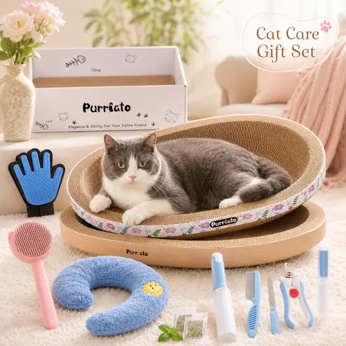 Cat Scratcher Lounge for Indoor Cats, Corrugated Cardboard Scratch Pad Sofa with Grooming Kit, Bath Brush, Comb & Nail Clipper for Cats and Kittens