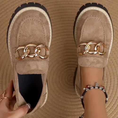 Women's Round Toe Thick Sole Chain Decor Loafers, Slip-On Lazy Shoes, Vintage British Style, Casual Spring & Fall Footwear