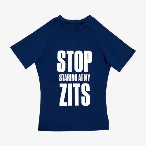 Women's Soft Short-Sleeve Round Neck Graphic Print Statement Tee - Spandex-Nylon Blend, Breathable, Lightweight, Loose-Fitting, Lagos-Inspired "Stop Staring at My Zits" Bold Print, Streetwear Casual Top
