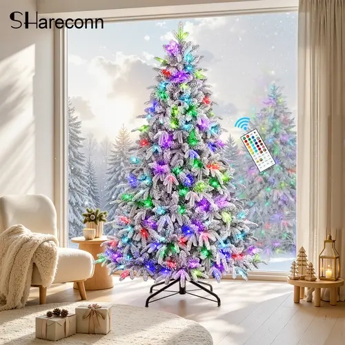 【RGB Lights 】SHareconn 4.5/5.5/6.5/7.5/8/9 FT Pre-Lit Snow Flocked PE+PVC Cedar Christmas Tree, Classic Americana Christmas Tree Scene, Eco-Friendly, Multi-Color RGB Lights, Remote Control, Deluxe Hinged Design, AC Power Supply, Ideal Holiday Decoration