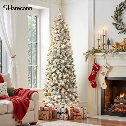 SHareconn 2026 6.5/7.5/9FT Pre-lit Flocking Slim Artificial Christmas Tree, Warm White Lights, Dense PVC Snow Flocked Branches, Removable Pencil Tree for Classic Holiday Home Decorations, Holiday Decorations, Americana Christmas Decor